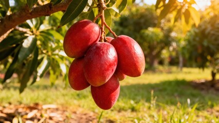 Ripe red mangoes hang from a branch in a vibrant orchard setting, bathed in sunlight.