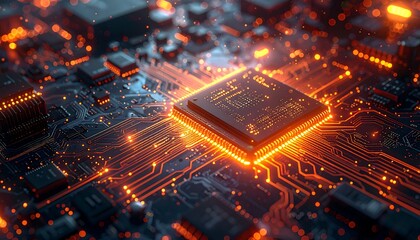 Close-up rendering of a glowing central processing unit on a circuit board, emphasizing connections and electronic components. The image highlights digital technology