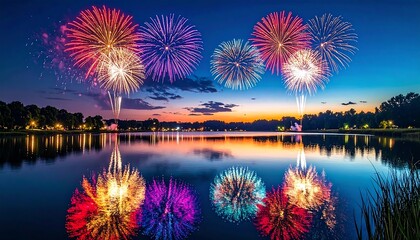Vibrant fireworks erupt over a still lake at dusk, mirroring colors in the water. Trees line the distant shore