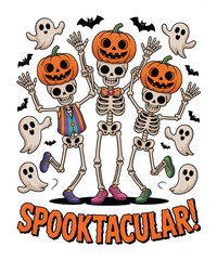 Three skeletons with pumpkins on heads and ghosts