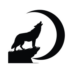 Obraz premium Wolf howling at crescent moon on cliff edge vector silhouette outline logo design concept illustration