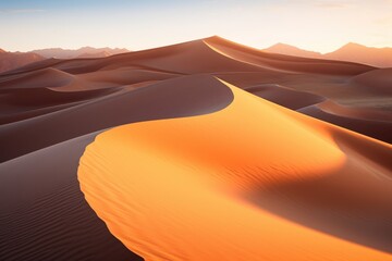 Golden desert dunes with sharp ridges at sunset sand hour