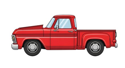 Classic red vintage pickup truck cartoon illustration in side view, featuring retro design, chrome details, and white background, symbolizing nostalgia, transportation, and automotive history.

