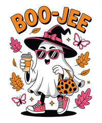 Cute ghost in witch hat holding coffee