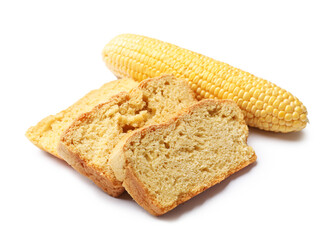 Freshly baked cut cornbread and cob isolated on white