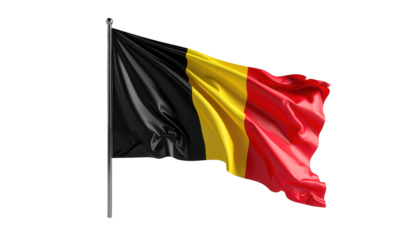 A digitally rendered image of the Belgian flag, displaying vibrant colors and smooth, flowing fabric, against a black background.