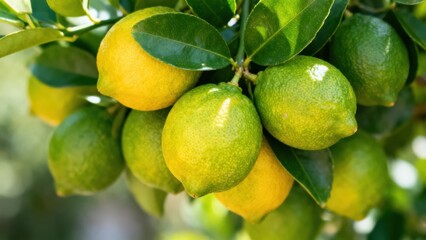 view of vibrant, ripe lemons hanging on a branch, showcasing a mix of yellow and green citrus fruits.