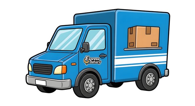 Blue cartoon delivery van with a cardboard box in the back, white background, symbolizing shipping, logistics, courier services, and transportation in playful, educational, and business illustrations.