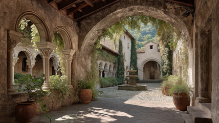 Ancient stone cloister courtyard with arched walkways and lush green ivy overgrown on weathered walls
