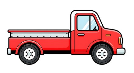Red cartoon pickup truck side view with silver cargo bed on a white background, representing transportation, delivery, farming, or construction in educational, playful, and children’s visual content.