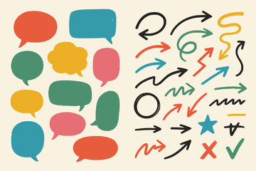 Hand-Drawn Colorful Speech Bubbles, Arrows, and Graphic Accents in Playful Brushstroke Style for Creative Design