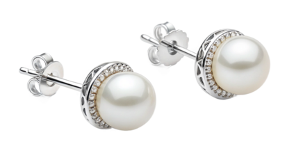 A pair of pearl earrings with silver setting and small diamonds on a black background studio shot