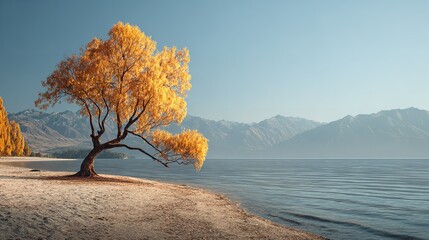Brown Trees with Golden Flowers and Black Mountains in Turquoise Gray Light, Generative AI