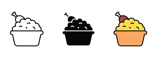 Set of pixel perfect colored biryani icon, 1 Silhouette, 1 Unexpanded, Biryani icon symbolizing spiced rice dish.