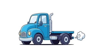 Naklejka premium Cartoon illustration of a small blue pickup truck emitting exhaust on a white background, symbolizing transportation, delivery, logistics, or automotive themes in children’s books and educational mate