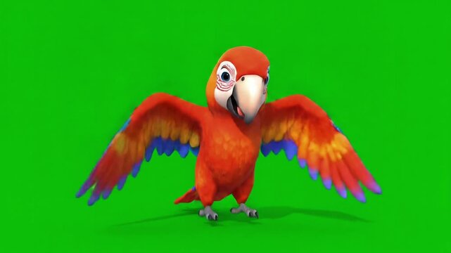 Cartoon parrot with red feathers and blue wing tips standing against a green screen background with wings spread.