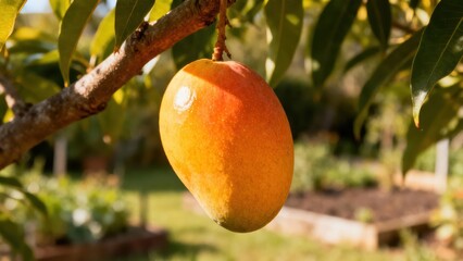A ripe mango hangs from a tree branch in a sunny garden setting.
