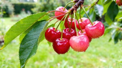 A cluster of juicy, glistening cherries hangs from a branch, dappled with water droplets, against a backdrop of vibrant green leaves and grass.