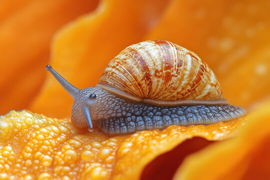 A snail sitting on an orange flower.