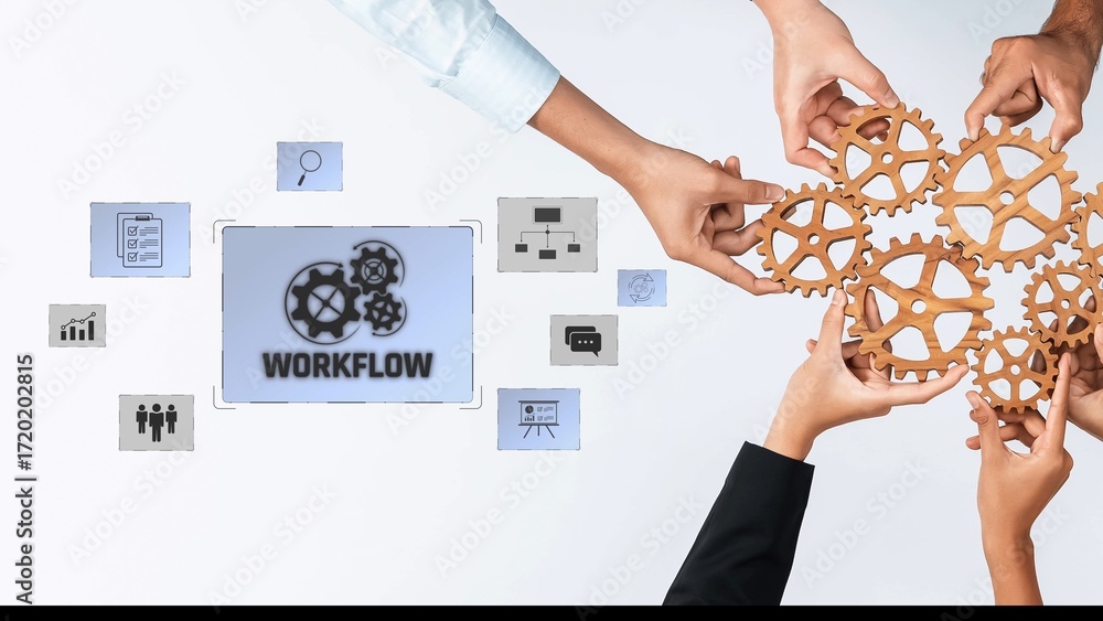 Aufkleber this image captures the essence of teamwork as hands collaborate to hold gears, surrounded by digita