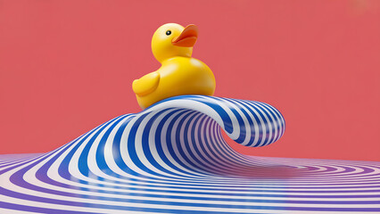 Whimsical yellow rubber ducky riding a playful blue striped wave against a vibrant coral backdrop for joyful summer fun promotions