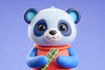 Naklejka premium Cute panda bear holding bamboo stick, a charming 3d render with a soft, playful aesthetic and a vibrant color palette