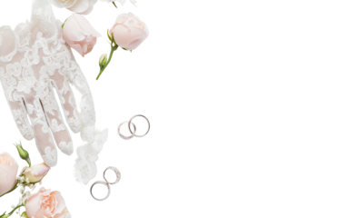 Flat lay of spring wedding accessories including rings flowers and invitations symbolizing love celebration and seasonal elegance isolated on transparent background PNG