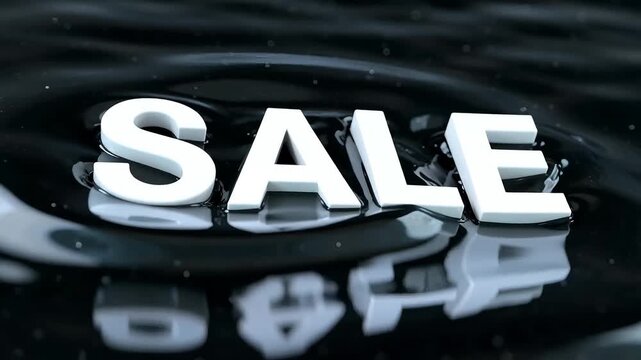 3D rendering of the word "SALE" on a dark, reflective liquid surface, creating a dynamic visual for promotions