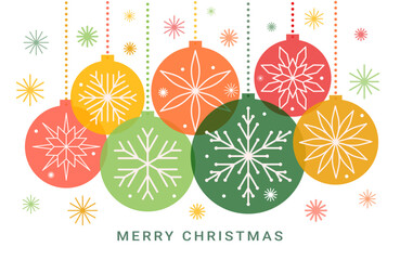 Merry Christmas banner design with red, green, yellow, orange xmas coloured ornate toys composition. Winter abstract geometric line art snowflakes on the balls. EPS 10 vector llustration.