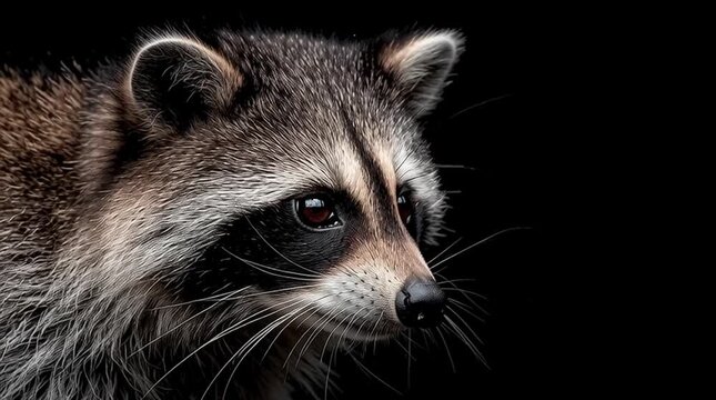 Curious raccoon animal wildlife mammal with black and white fur, nocturnal forest portrait, closeup of alert intelligent face, expressive eyes, fluffy ringtail, natural beauty, outdoors North America