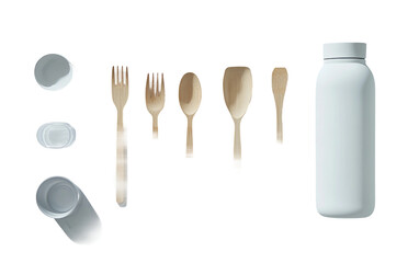 Fototapeta premium Flat lay of sustainable travel essentials including reusable items symbolizing eco-friendly lifestyle, responsible tourism, and zero-waste preparation isolated on transparent background PNG