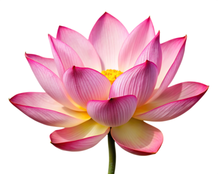 Pink Lotus Flower with Yellow Center and Green Stem blossom bloom isolated on a transparent background