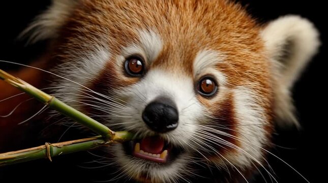 Red panda bamboo wildlife animal closeup fur mammal nature forest adorable eating with expressive eyes, fluffy reddish brown fur, white markings, and playful curious behavior in natural forest habitat