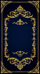 Obraz premium Elegant golden floral frame on rich navy background for wedding invitations or luxury branding designs
