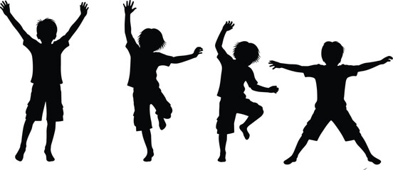 Silhouettes of boys jumping and celebrating, energetic kids in motion, playful children vector illustration for fun scenes