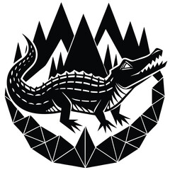 Low poly American alligator design in swamp silhouette