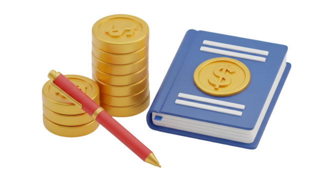 3D Render of Financial Planning Tools: Coins, Pen, and Ledger