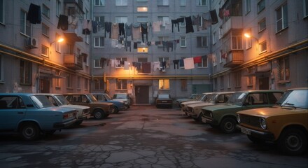 Fototapeta premium Retro 80s apartment courtyard at dusk with vintage cars. Melancholic urban scene. Nostalgic residential area with warm lighting. Soviet-era housing block at night.