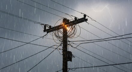 Rainy night scene with electrical pole and wires in gloomy weather. Nostalgic 80s-90s vhs style urban landscape. Melancholic vibe of stormy evening in city