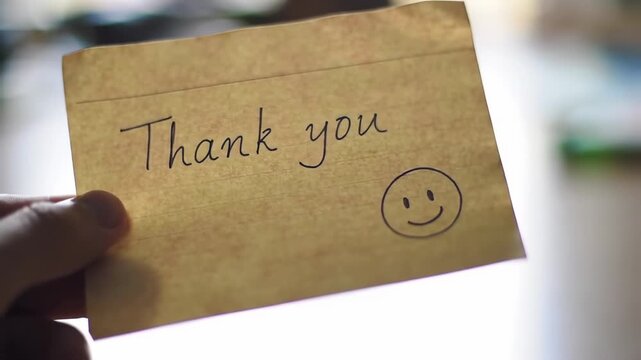 Hand holding a handwritten thank you note on beige paper