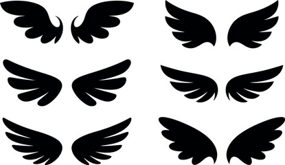 Collection of unique angel wings in black silhouette on white background