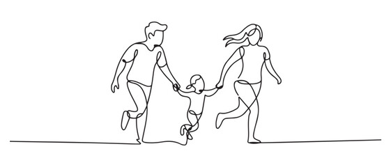 One continuous line drawing small family running while holding her child. Happy family concept. one line Icon drawing with white background