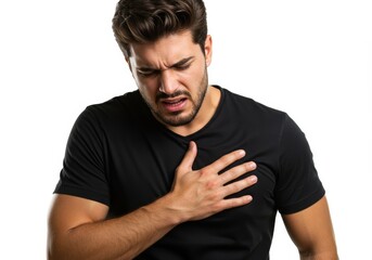 Worried man experiencing chest pain and discomfort on a white background