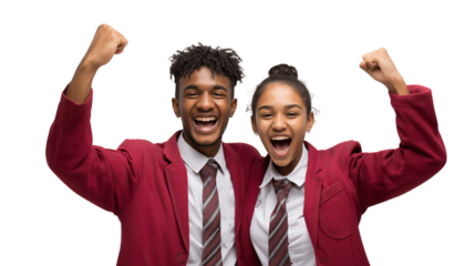 Two young people in school uniforms are smiling