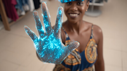 Woman displaying a glowing digital hand projection in an indoor setting