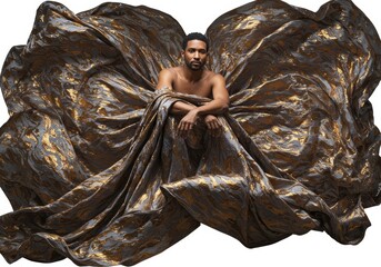 Artistic portrait of a man draped in opulent patterned fabric for ethereal effect