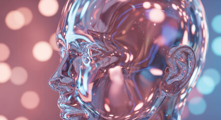 Futuristic Transparent Human Head Sculpture with Bokeh Lights.