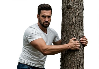 Intense gaze of muscular man embracing a robust tree on an isolated backdrop