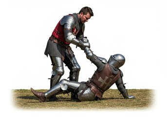 Chivalrous knight aiding a fallen comrade during a medieval engagement
