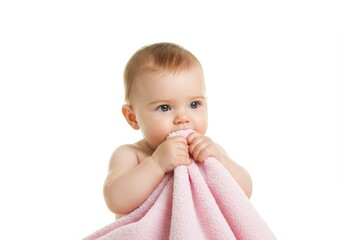 Adorable baby playing with a pink towel, isolated on a white background in a studio shot